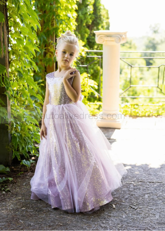 Rose Pink Sequin Tulle V Back Flower Girl Dress